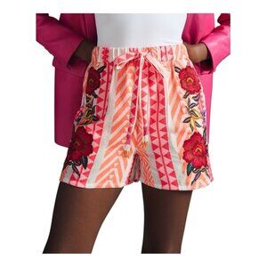 FARM Rio Anthropologie Red Embroidery Rose Printed Shorts Small Elastic Tie